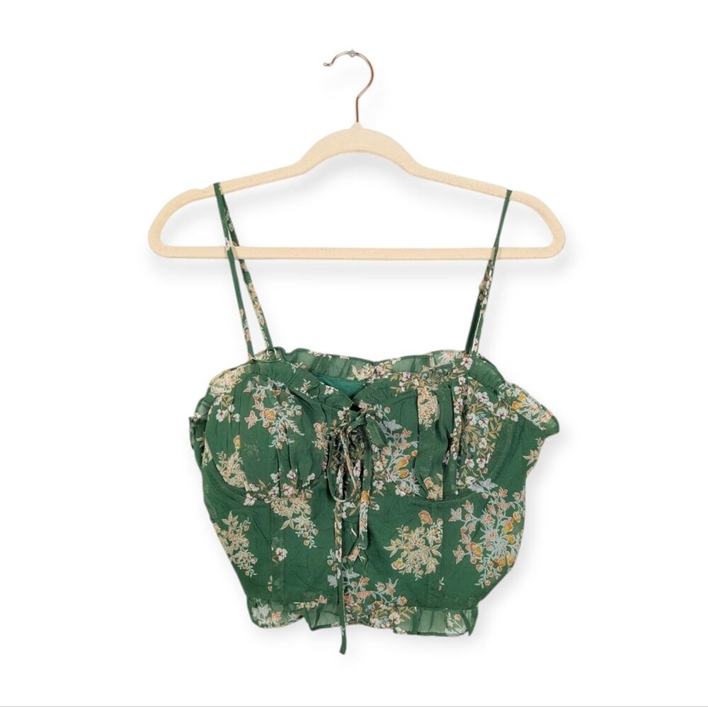 NWT J.O.A. Green Floral Ruffle Crop Top Romantic Size L